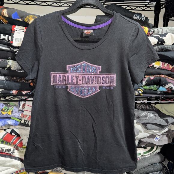 Y2K Harley Davidson Women’s Bedazzled black Shirt Size Large - Picture 1 of 5